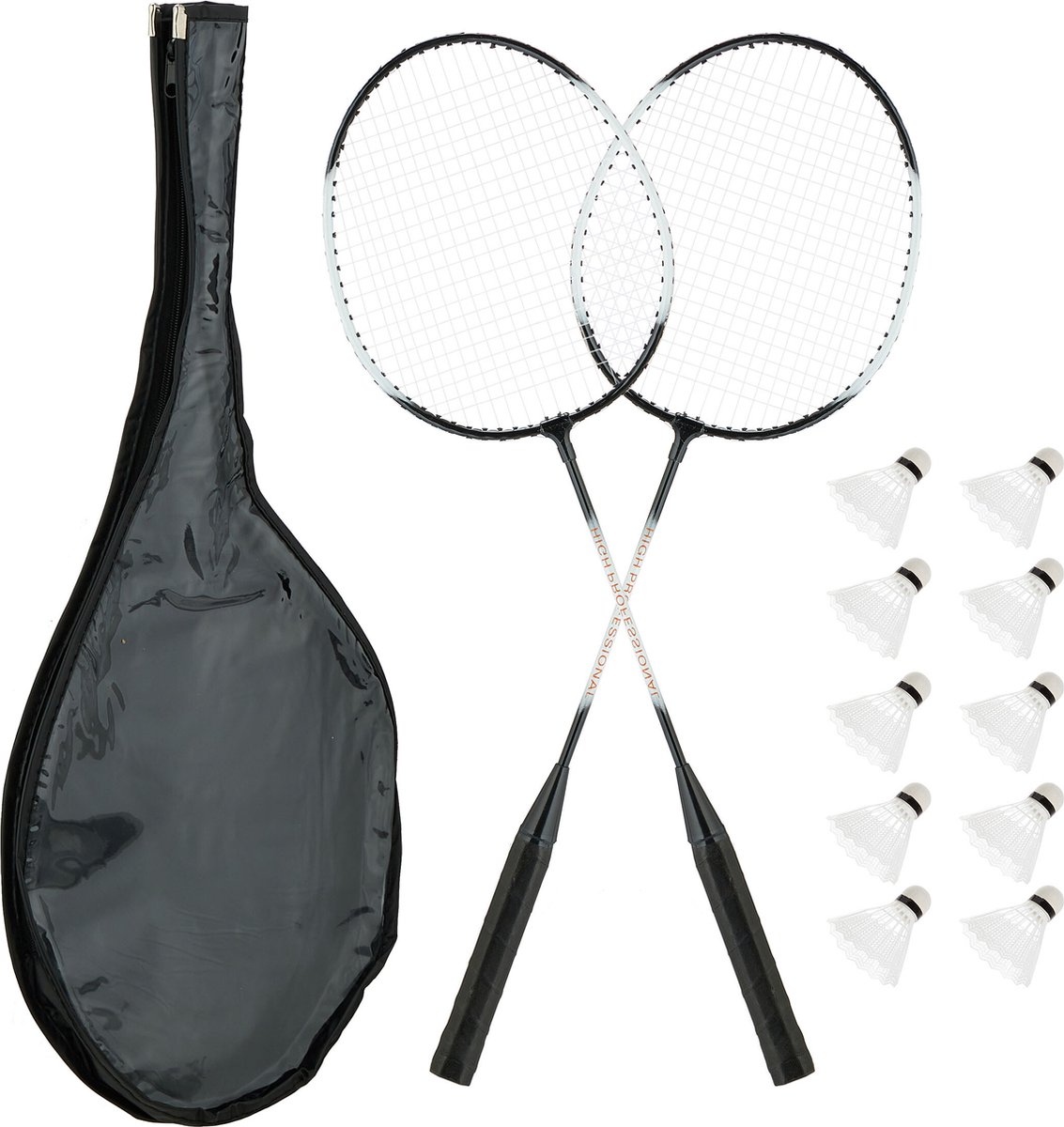 Relaxdays badminton set 2 rackets 10 shuttles tas volwassenen