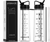 Bouteille d'eau HYDRATE 900 ml avec marqueurs de temps - Bouteille d'eau de Sport avec paille, paille de bouteille sans BPA en Tritan idéale pour la salle de sport, le bureau, la Marche, le Fitness, la bouteille de sport (Zwart)