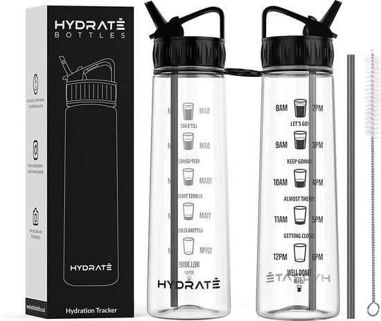HYDRATE 900ml Drinkfles met Tijdmarkeringen - Sport Waterfles met Rietje, BPA-vrije Drinkfles Rietje gemaakt van Tritan ideaal voor Sportschool, Kantoor, Wandelen, Fitness, Sportfles (Zwart)