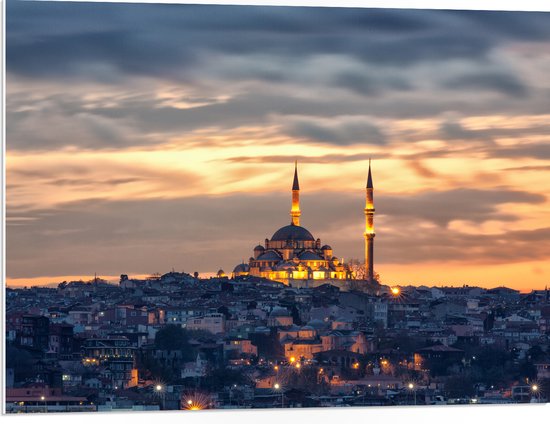 WallClassics - PVC Schuimplaat - Süleymaniye-Moskee op Begin van de Avond in Istanbul, Turkije - 80x60 cm Foto op PVC Schuimplaat (Met Ophangsysteem)