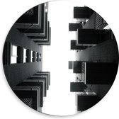 Dibond Muurcirkel - Onderaanzicht van Gebouwen in het Zwart Wit - 50x50 cm Foto op Aluminium Muurcirkel (met ophangsysteem)