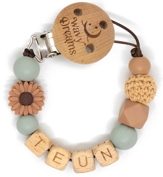 Wavy Dreams - Combiset Speenkoord & Sleutelhanger / Luiertashanger - Speenkoord met naam - Jongen - Kraamcadeau - Natuurtinten - Speenketting met naam - Sleutelhanger met naam - Model Teun van Wavy Dreams — afbeelding 4