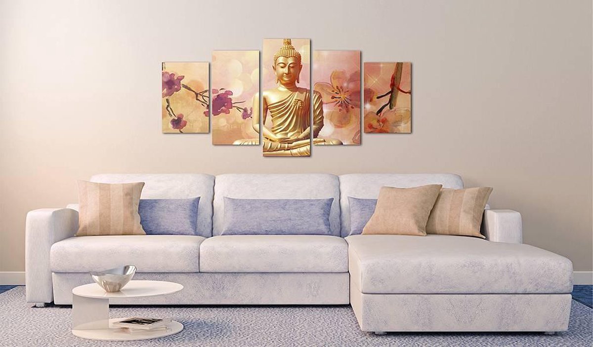 Peinture - Bouddha - Dans un cadre, Argent/ Oranje, 5 panneaux, impression  premium sur