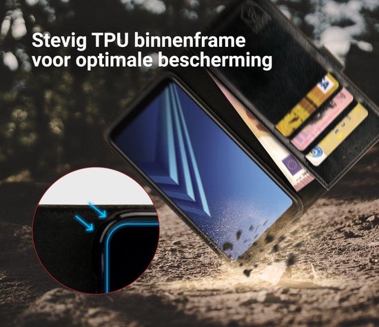 Zwarte telefoonhoes met pasjes en bankbiljetten, opgerichte telefoon, stevige TPU binnenframe.