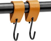 Brute Strength - Leren S-haak hangers - Okergeel - 2 stuks - 12,5 x 2,5 cm – Zwart zilver – Leer - handdoekhaakjes - Ophanghaken – kapstokhaak