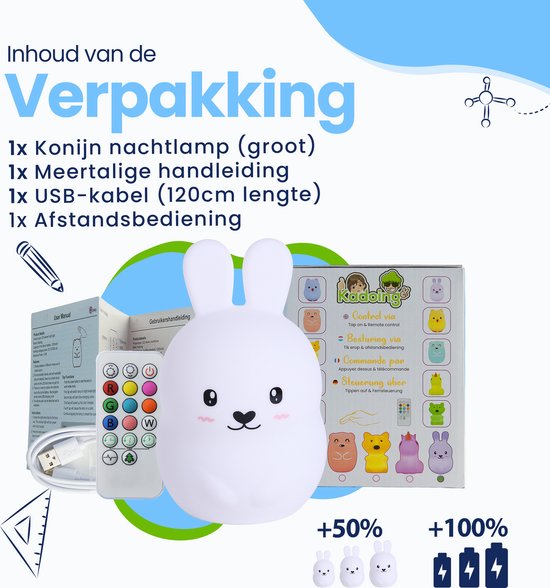 Kadoing Konijn Nachtlamp (Groot) met Afstandsbediening - Konijntje Kinderlamp Oplaadbaar - 18.7cm Hoog