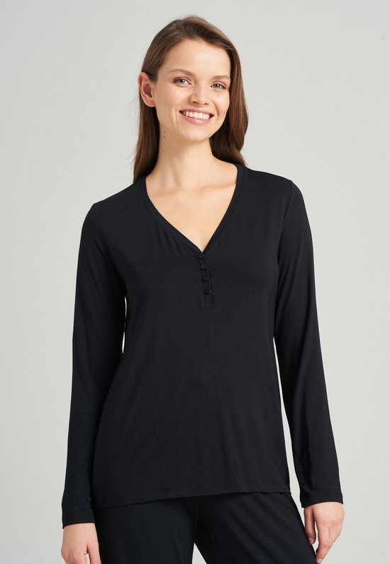 SCHIESSER Mix+Relax T-shirt - dames shirt lange mouwen modal v-hals knoopsluiting zwart