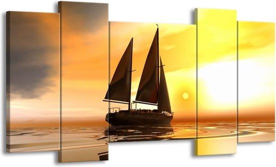 GroepArt - Schilderij - Zeilboot - Geel, Bruin, Wit - 120x65 5Luik - Foto Op Canvas - GroepArt 6000+ Schilderijen 0p Canvas Art Collectie - Wanddecoratie
