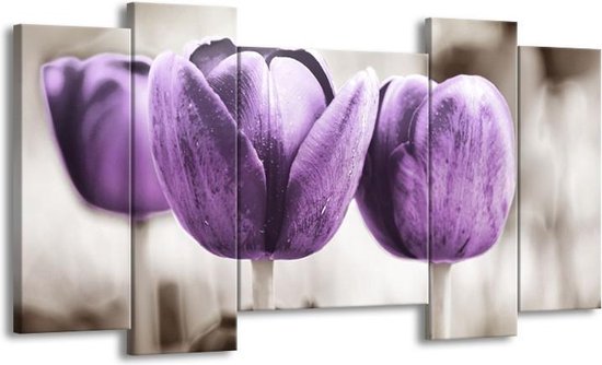GroepArt - Schilderij - Tulpen - Paars, Grijs, Wit - 120x65 5Luik - Foto Op Canvas - GroepArt 6000+ Schilderijen 0p Canvas Art Collectie - Wanddecoratie