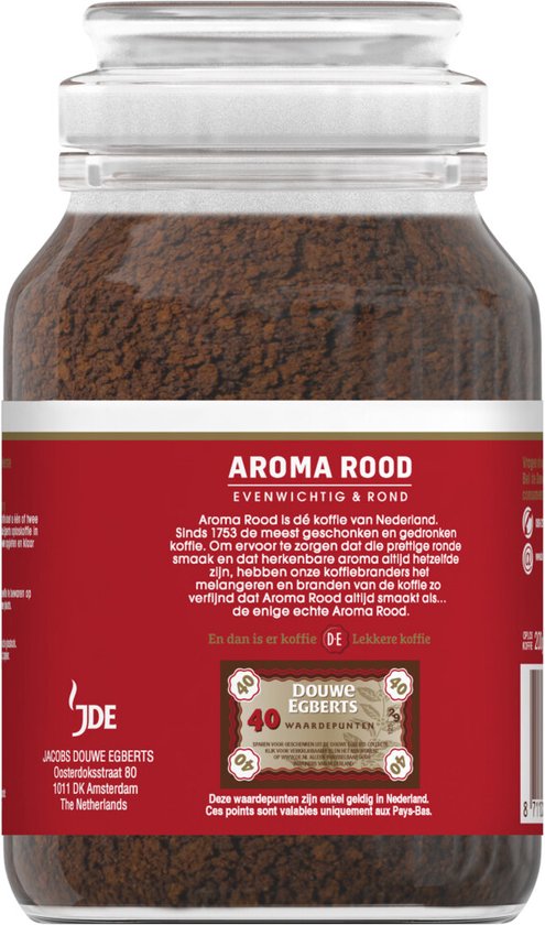 Achterkant van de Douwe Egberts Aroma rood oploskoffie pot, met "Aroma Rood", "40 spaar punten" en "DE Douwe Egberts".