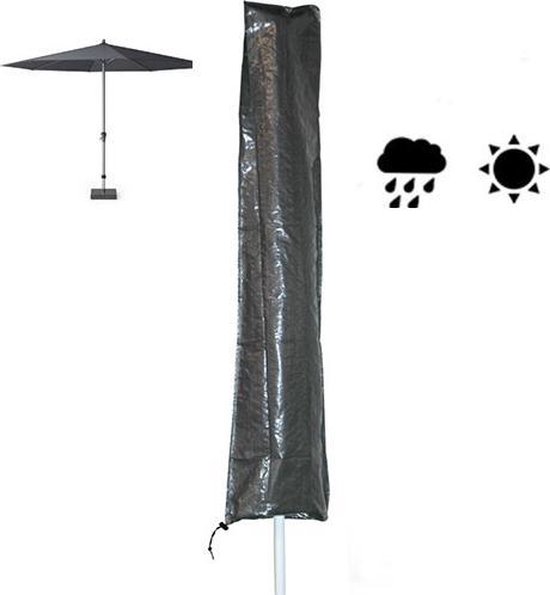 Grijze parasolhoes staand, met icoontjes van regen en zon.