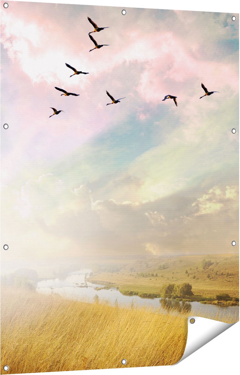 Gards Tuinposter Groep Vogels Vliegen Boven het Gras - 90x120 cm - Tuindoek - Tuindecoratie - Wanddecoratie buiten - Tuinschilderij Multikleur
