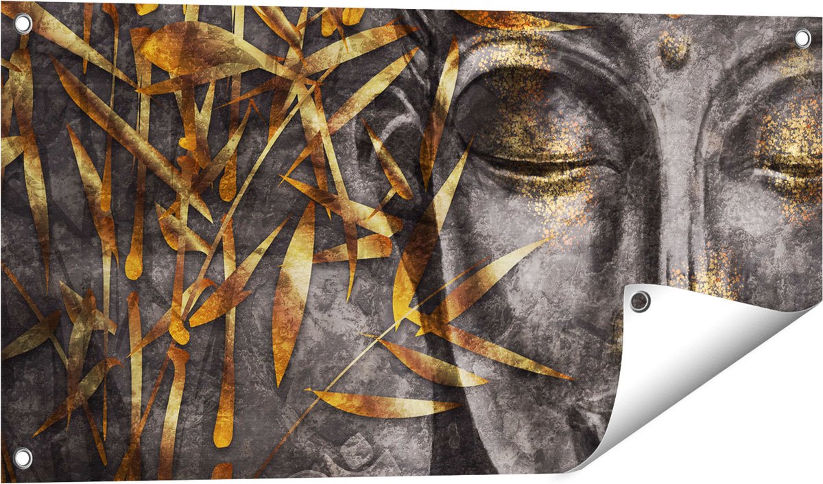 Gards Tuinposter Gouden Boeddha van Aquarel - Abstract - 80x40 cm - Tuindoek - Tuindecoratie - Wanddecoratie buiten - Tuinschilderij Multikleur