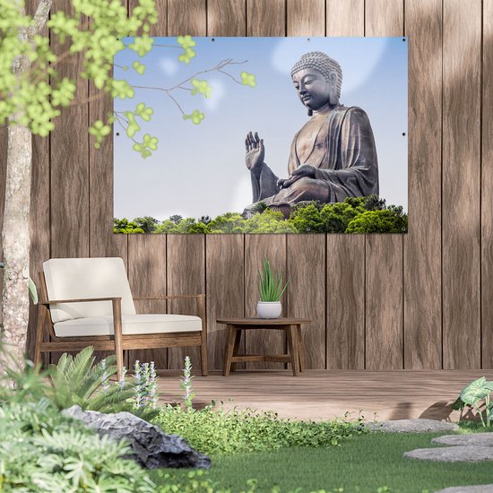 Gards Poster de jardin Groot statue de Bouddha dans la forêt - 150x100 cm - Toile de jardin - Décoration de jardin - Décoration murale extérieure - Tableau de jardin