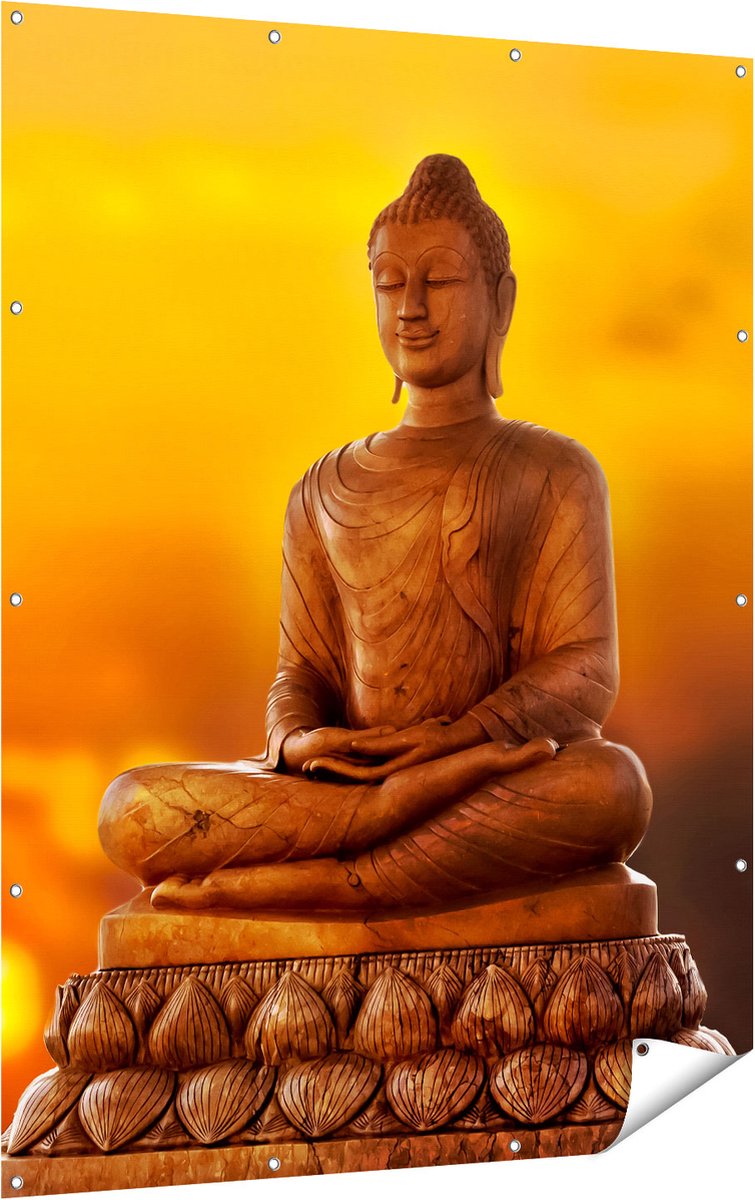 Gards Tuinposter Boeddha Standbeeld bij Zonsondergang - 120x160 cm - Tuindoek - Tuindecoratie - Wanddecoratie buiten - Tuinschilderij Multikleur