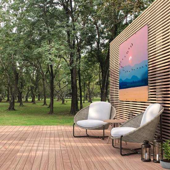 Gards Tuinposter Silhouet van Zwerm Vogels bij Zonsondergang - 150x120 cm - Tuindoek - Tuindecoratie - Wanddecoratie buiten - Tuinschilderij