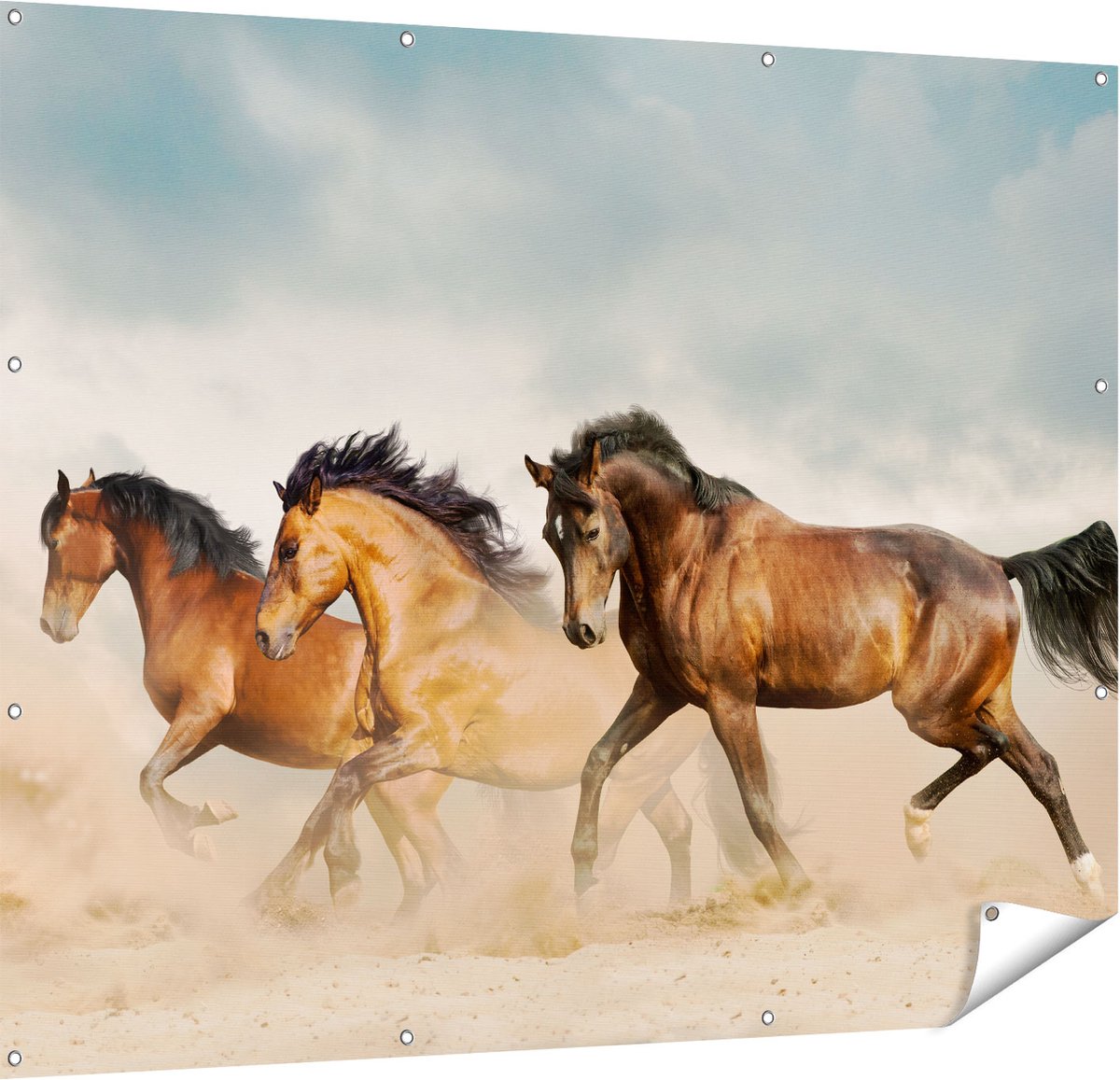 Gards Tuinposter Drie Bruine Paarden - 150x120 cm - Tuindoek - Tuindecoratie - Wanddecoratie buiten - Tuinschilderij Multikleur