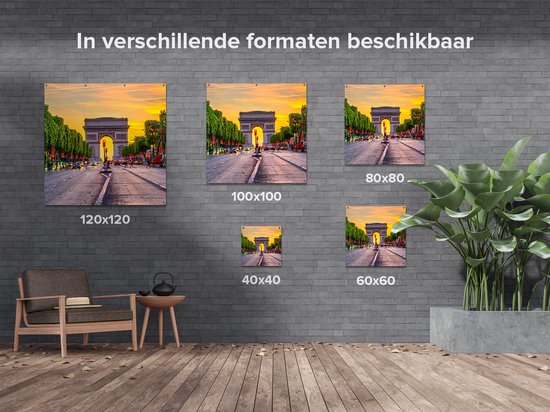 Gards Tuinposter Arc de Triomphe in Parijs vanaf de Straat - 80x80 cm - Tuindoek - Tuindecoratie - Wanddecoratie buiten - Tuinschilderij