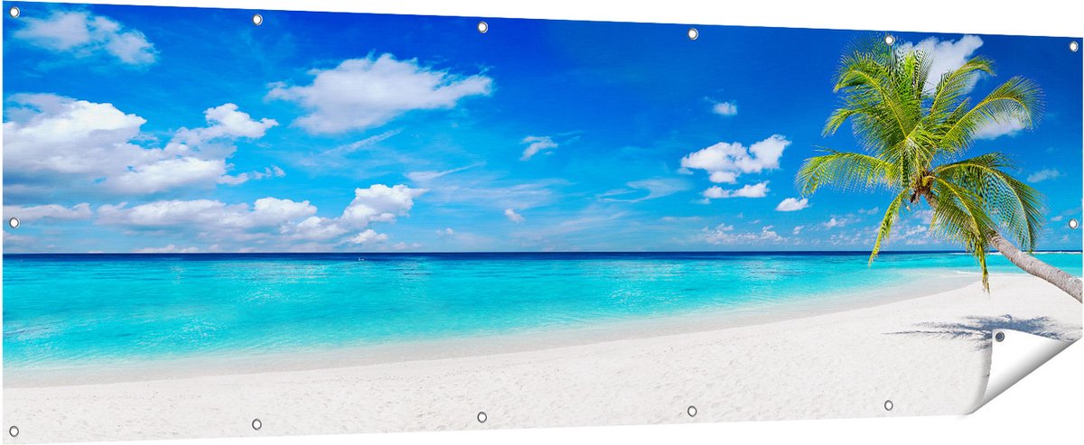 Gards Tuinposter Tropisch Strand met een Palmboom - 210x70 cm - Tuindoek - Tuindecoratie - Wanddecoratie buiten - Tuinschilderij Multikleur
