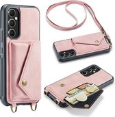 Casemania Hoesje Geschikt voor Samsung Galaxy A14 Pale Pink - Luxe Back Cover met Koord - Wallet Case - Pasjeshouder