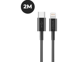 USB C naar Lightning kabel 2 meter - USB C snelladen oplaadkabel met Lightning aansluiting - geschikt voor iPhone en iPad - zwart - WiseQ
