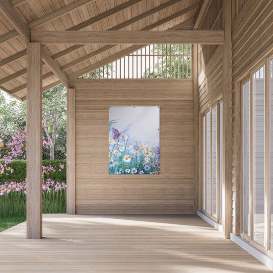 Gards Poster de jardin Fleurs de camomille Witte avec un papillon - 90x120 cm - Toile de jardin - Décoration de jardin - Décoration murale extérieur - Tableau de jardin