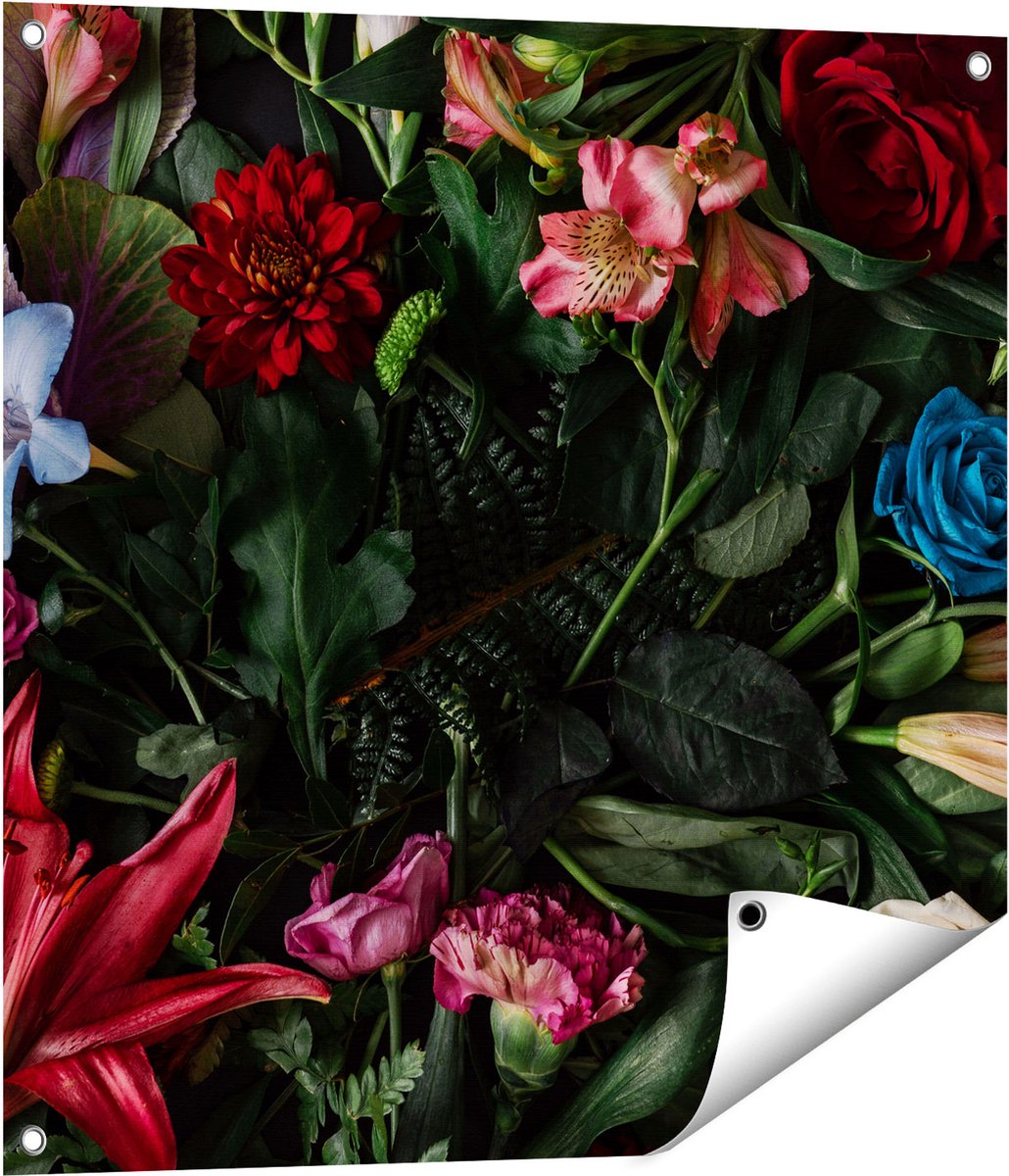 Gards Tuinposter Kleurrijke Bloemen met Groene Bladeren - 70x70 cm - Tuindoek - Tuindecoratie - Wanddecoratie buiten - Tuinschilderij Multikleur