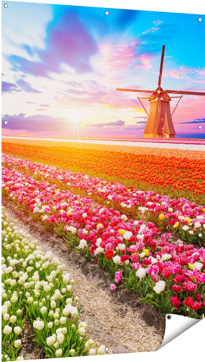 Gards Tuinposter Kleurrijke Bloemenveld met een Windmolen - 100x150 cm - Tuindoek - Tuindecoratie - Wanddecoratie buiten - Tuinschilderij Multikleur