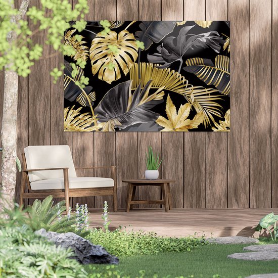 Gards Tuinposter Gouden Tropische Bladeren - 150x100 cm - Tuindoek - Tuindecoratie - Wanddecoratie buiten - Tuinschilderij