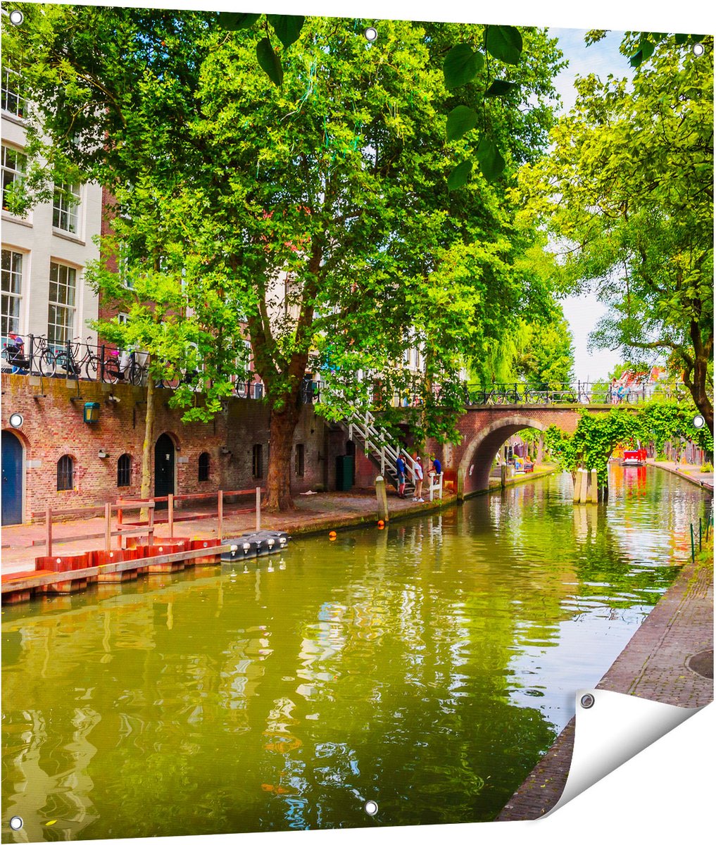 Gards Tuinposter Oudegracht in Utrecht - 100x100 cm - Tuindoek - Tuindecoratie - Wanddecoratie buiten - Tuinschilderij Multikleur
