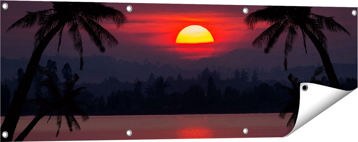 Gards Tuinposter Zonsondergang op het Strand met Palmbomen - 120x40 cm - Tuindoek - Tuindecoratie - Wanddecoratie buiten - Tuinschilderij Multikleur
