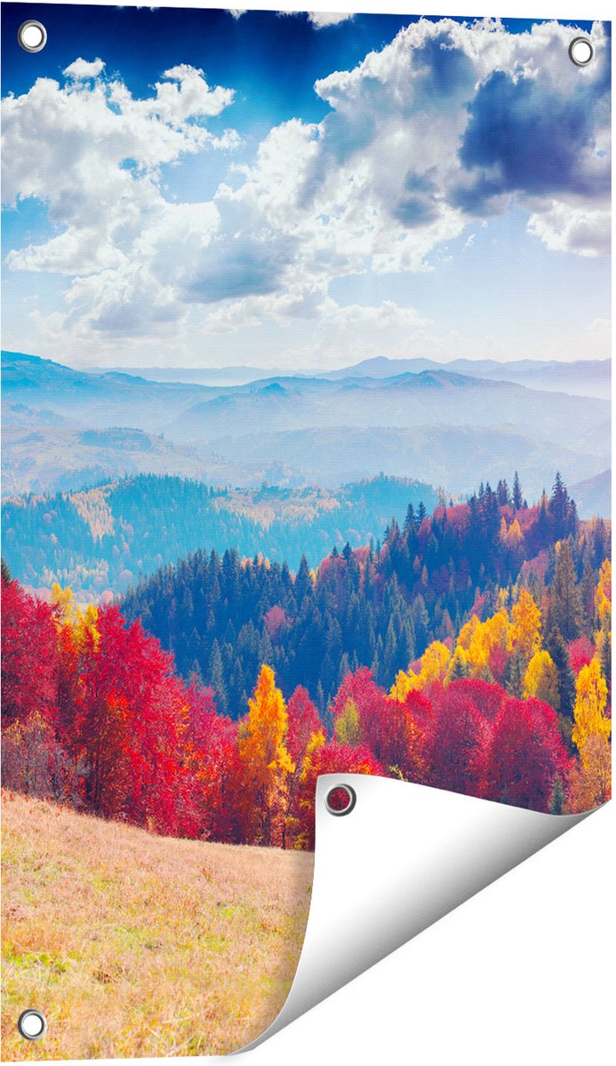 Gards Tuinposter Kleurrijke Herfstbos met Heuvellandschap - 40x60 cm - Tuindoek - Tuindecoratie - Wanddecoratie buiten - Tuinschilderij Multikleur