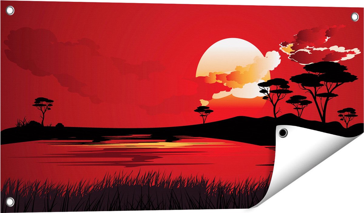 Gards Tuinposter Rode Zonsondergang in de Savanne - Abstract - 80x40 cm - Tuindoek - Tuindecoratie - Wanddecoratie buiten - Tuinschilderij Multikleur