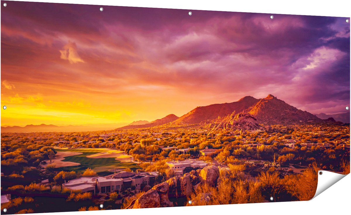 Gards Tuinposter Woestijn Landschap met Zonsondergang - 200x100 cm - Tuindoek - Tuindecoratie - Wanddecoratie buiten - Tuinschilderij Multikleur