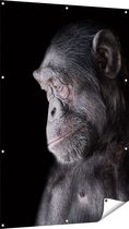 Gards Tuinposter Chimpansee Aap op Zwart Achtergrond - 100x150 cm - Tuindoek - Tuindecoratie - Wanddecoratie buiten - Tuinschilderij