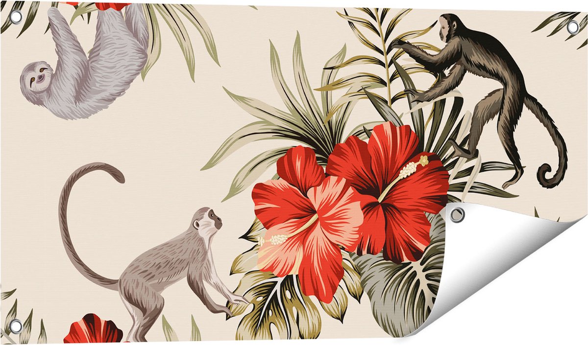 Gards Tuinposter Tropische Bloemen met Apen Achtergrond - 80x40 cm - Tuindoek - Tuindecoratie - Wanddecoratie buiten - Tuinschilderij Multikleur