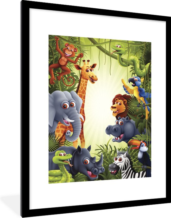 Fotolijst incl. Poster - Jungle - Jongens - Meiden - Baby - Olifant - Leeuw - Giraf - 60x80 cm - Posterlijst
