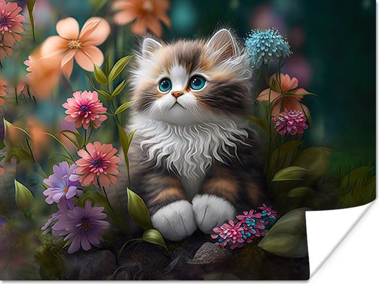 Poster Chaton - Illustration - Fleurs - Nature - Chat - 80x60 cm - Cadeau  fille 7 ans