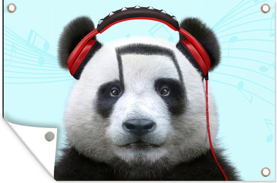 Affiche jardin - Toile jardin - Posters de jardin extérieur - Panda - Casque - Animal - Notes de musique - Rouge - 120x80 cm - Jardin