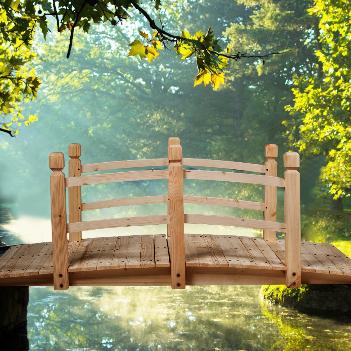 Outsunny Tuinbrug 1,85 m houten brug inloopbaar houten brug vijverbrug sierbrug met leuningen tot 200 kg massief hout oranje
