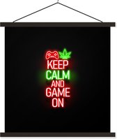 Posterhanger incl. Poster - Schoolplaat - Gaming - Neon - Keep calm and game on - Rood - Tekst - 90x90 cm - Zwarte latten