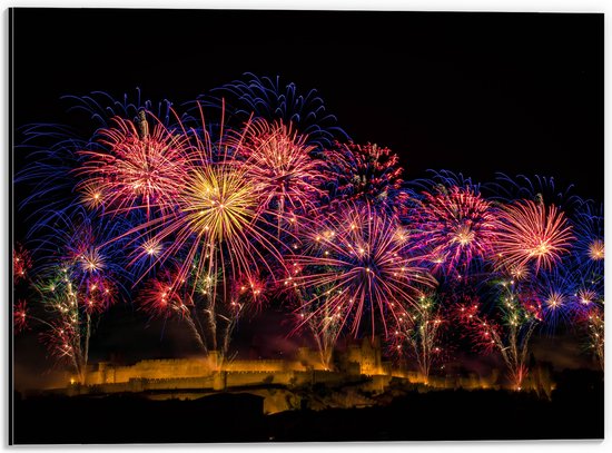 Dibond - Grote Vuurwerkshow boven Kasteel - 40x30 cm Foto op Aluminium (Met Ophangsysteem)