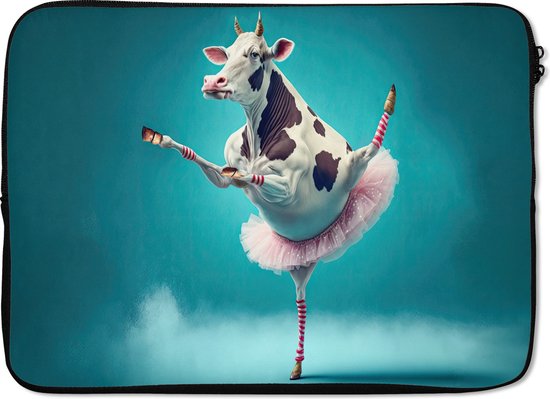 Laptophoes 13 inch - Koe - Ballet - Portret - Blauw - Dieren - Kind - Laptop sleeve - Binnenmaat 32x22,5 cm - Zwarte achterkant