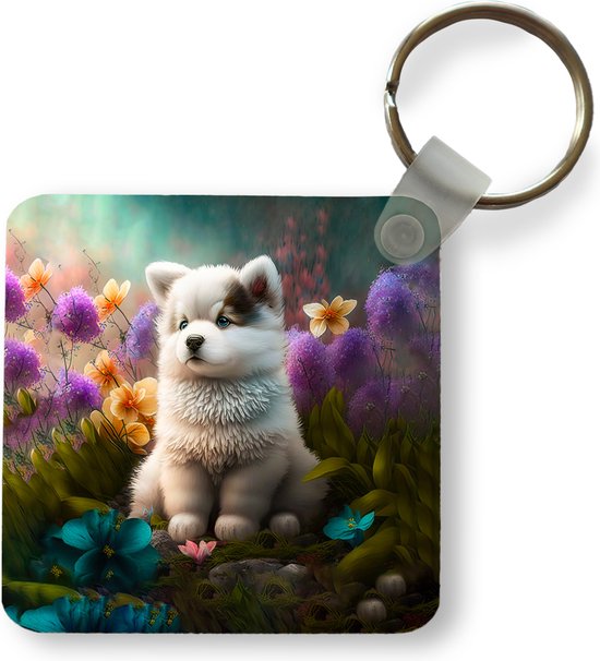 Sleutelhanger - Uitdeelcadeautjes - Puppy - Bloemen - Planten - Natuur - Husky - Plastic