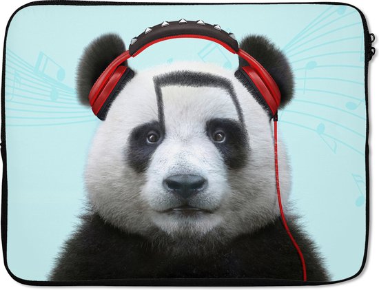Laptophoes - Laptop sleeve - Panda - Koptelefoon - Dieren - Blauw - Laptop case - 17 Inch - Hoes laptop