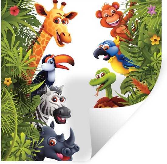Muurstickers - Sticker Folie - Jungle - Dieren - Jongens - Meisjes - Giraf - Olifant - Kids - 120x120 cm - Plakfolie - Muurstickers Kinderkamer - Zelfklevend Behang XXL - Zelfklevend behangpapier - Stickerfolie