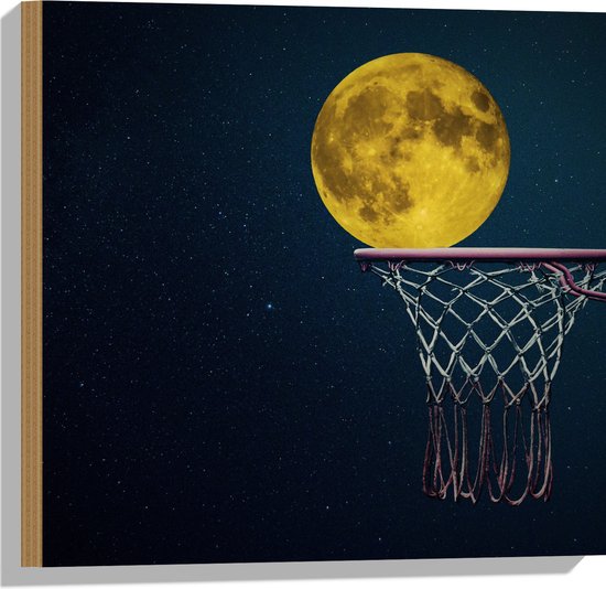 Hout - Maan met Gele Gloed in Basketbal Net - 50x50 cm - 9 mm dik - Foto op Hout (Met Ophangsysteem)