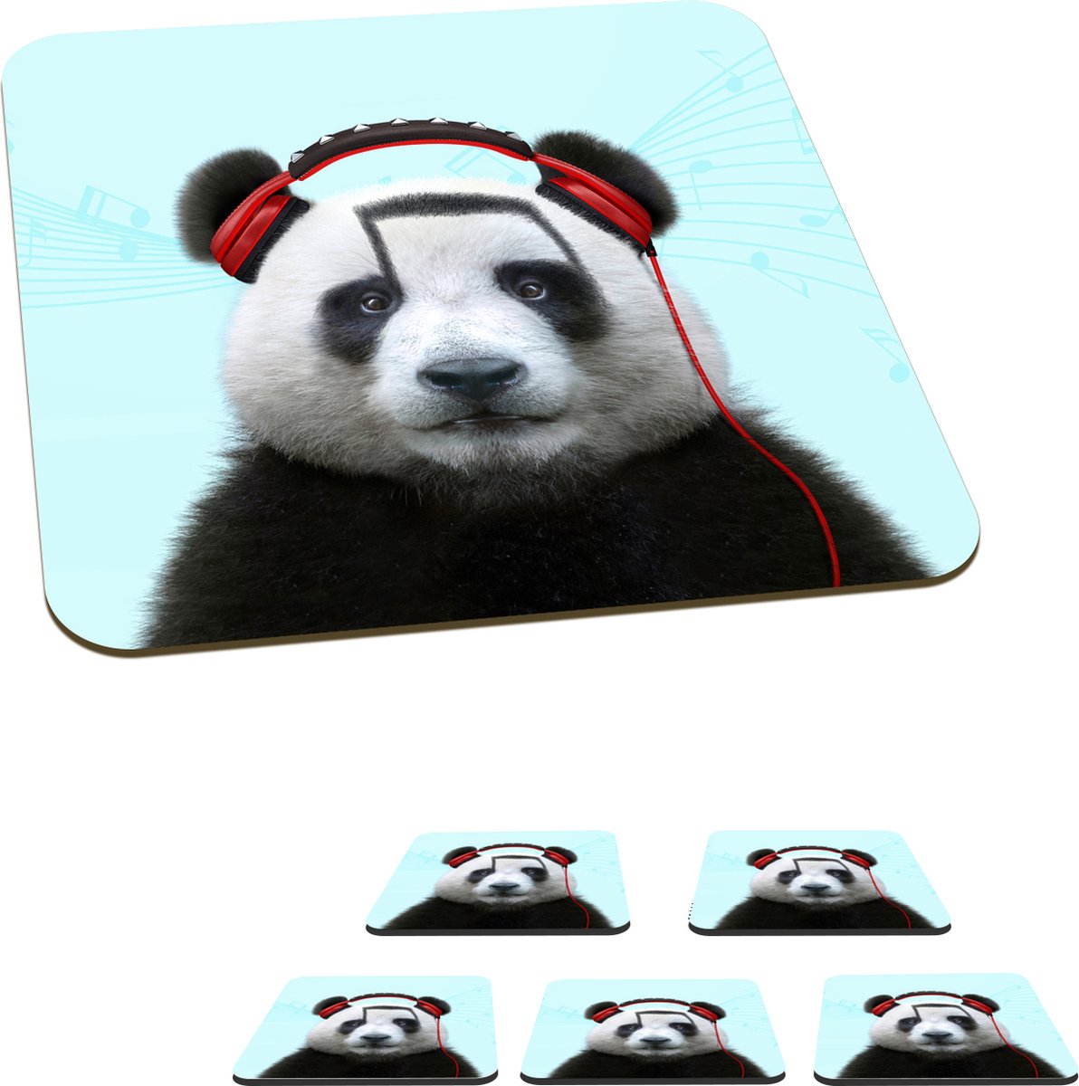 Onderzetters voor glazen - Panda - Koptelefoon - Dier - Muzieknoten - Rood - 10x10 cm - Glasonderzetters - 6 stuks