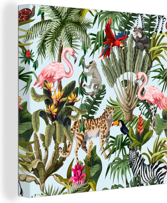 Tableau sur toile Jungle - Animaux - Filles - Enfants - Garçons - Flamingo - Perroquet - 20x20 cm - Décoration murale