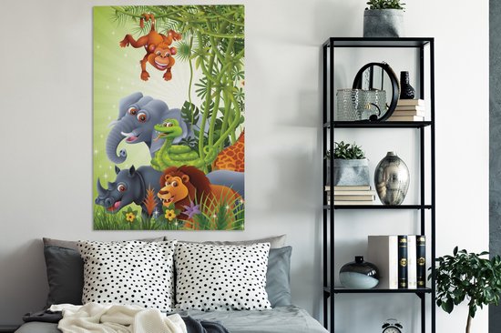 Canvas Schilderij Jungle dieren - Planten - Kinderen - Olifant - Giraf - Leeuw - Wanddecoratie